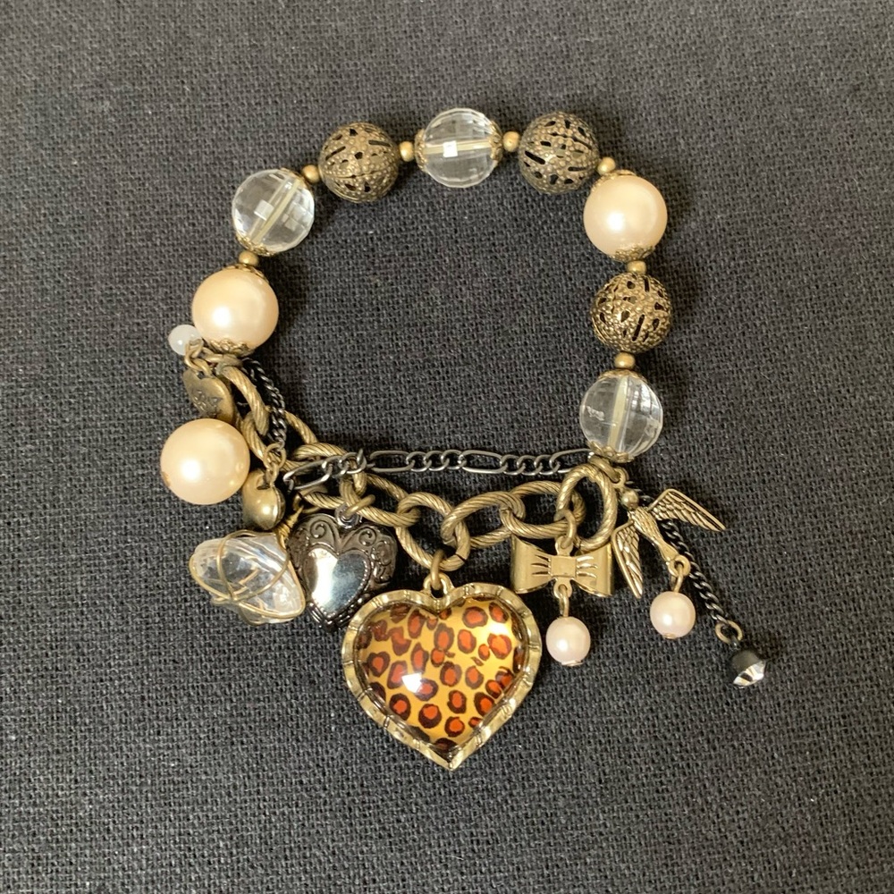 Betsey Johnson leopard print heart and bird charms bracelet vintage jewelry NWOT